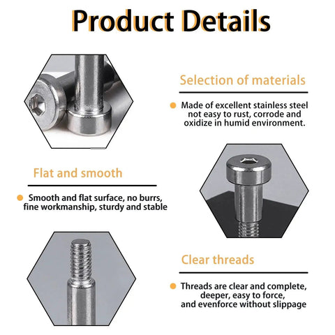 Product details of 5 Pack Stainless Steel Hex Socket Shoulder Bolts 8mm Diameter M6 x 20mm Thread, rust resistant, smooth finish.