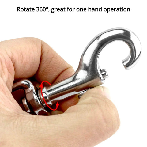Close-up of hand using 316 Stainless Steel Three And One Half Inch Swivel Eye Bolt Snap Hook showing 360-degree rotation for easy use