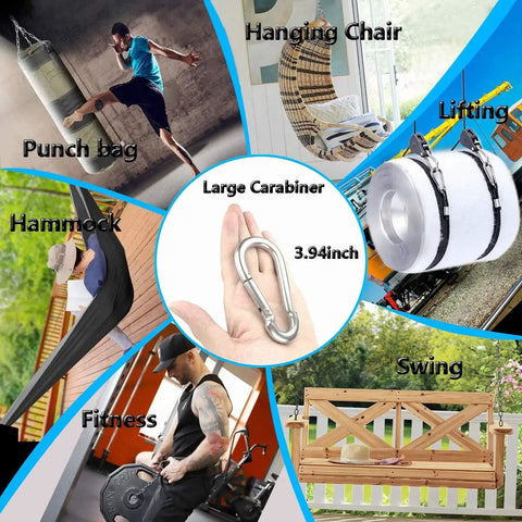 Collage of uses for Heavy Duty 304 Stainless Steel Spring Snap Hooks Set Of Six Four Inch Large Clips with various activities shown