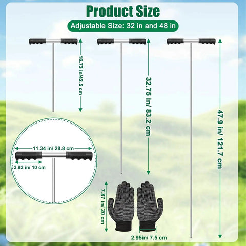 Heavy Duty Metal Soil Probe Rod 32 To 48 Inches With Adjustable Interlocking Sections And Insulated T Handle For Locating Underground Pipes Gardening And Soil Compaction Testing Stainless Steel Ground Probe Tool Includes Gloves For Safe Handling, shown with size measurements
