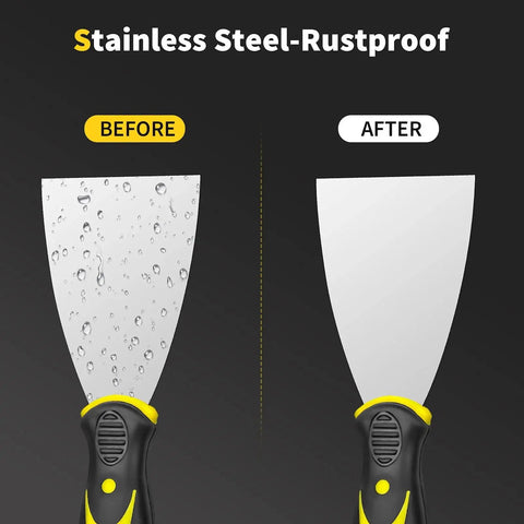Spackle Knife Set Of Four Stainless Steel Putty Knives In 2 3 4 5 Inch Sizes With One Piece Blade And Soft Rubber Handle for comparison before and after rustproof feature demonstration.