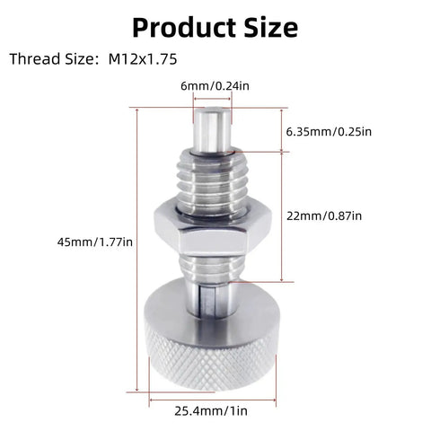 Two Pack Retractable Spring Plungers With Knurled Handles M12x1.75 Stainless Steel Lockout Quick Release Pins size diagram