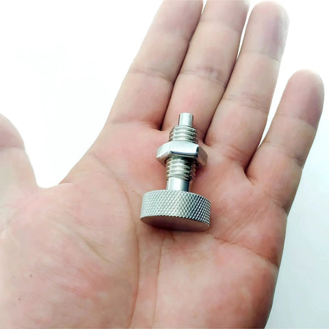Two Pack Retractable Spring Plungers With Knurled Handles M12x1.75 Stainless Steel Lockout Quick Release Pins shown in hand