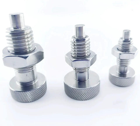 Three stainless steel retractable spring plungers with knurled handles, M12x1.75 thread sizes, for industrial equipment setup.
