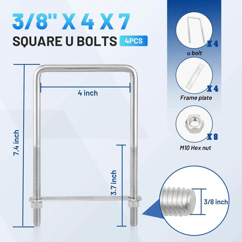 Square U Bolts Kit With Frame Plates And Nuts Stainless Steel U Clamp Bolts For Wood Boats Trailers Tubes Industrial Use Three Eighths Inch By Four Inch By Seven Inch Thread shown with dimensions and components.