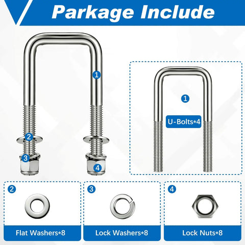 Heavy Duty 4 Piece 304 Stainless Steel Square U Bolts Set for Boat Trailers with Washers Lock Washers Nylon Lock Nuts and Nuts Half Inch Diameter by Two and One Sixteenth Inch Wide by Four and Three Quarters Inches shown with components