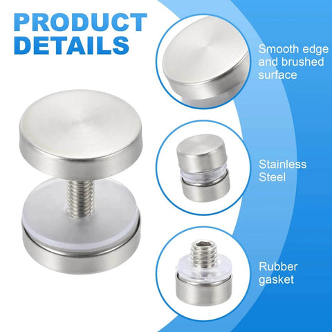 4 Pack Stainless Steel Sign Standoff Screws With Rubber Gaskets for Glass Displays, M6 x 16mm Thread, 19mm Cap Diameter