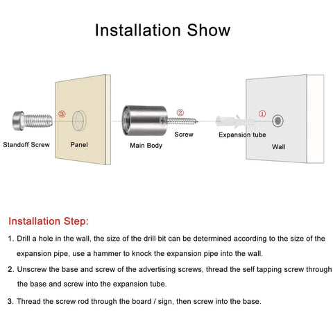 Diagram showing installation of Half Inch Diameter Two Inch Stainless Steel Standoff Screws For Wall Mount Sign Holders with labeled parts.