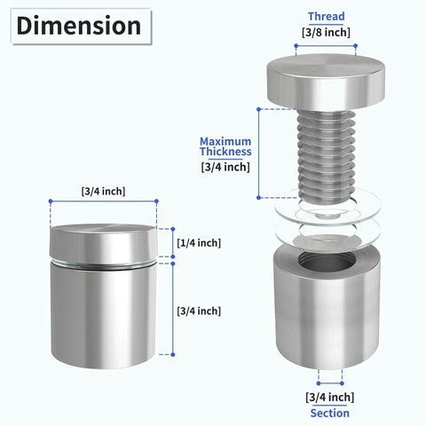 Stainless Steel 50 Pack Standoff Screws For Acrylic Signs 3/4 Inch Diameter And 3/4 Inch Length Silver Mounting Hardware dimensions