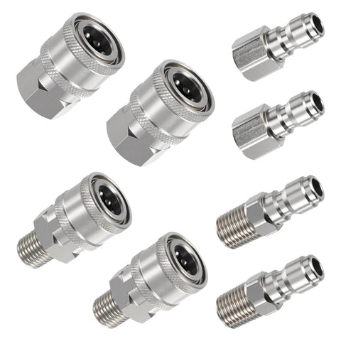 Eight-piece stainless steel 1/4 inch NPT pressure washer quick-connect fittings set, male plugs and female couplers