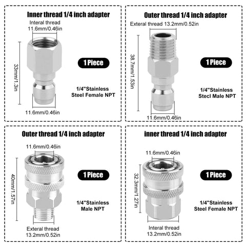 Four-piece stainless steel 1/4-inch NPT quick-connect adapter set for pressure washers; inner and outer thread, male and female fittings.
