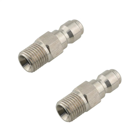 Two 1/4-inch pressure washer quick-connect plugs, male NPT fittings, metal.