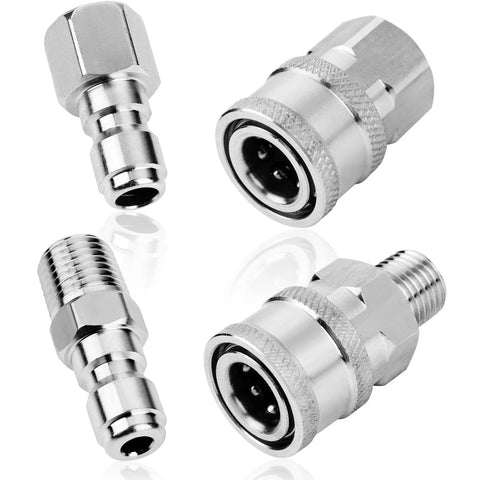 2-set kit of stainless steel 1/4 in NPT quick-connect pressure washer fittings: male plugs and female couplers.