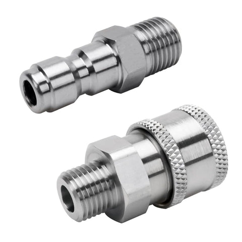 Beduan stainless steel 1/4 in NPT quick-connect pressure washer fittings: 2 pieces, male connector and socket adapter.