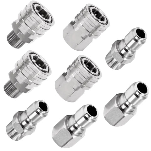 Set of eight 1/4-inch stainless steel pressure washer quick-connect fittings, male and female adapters