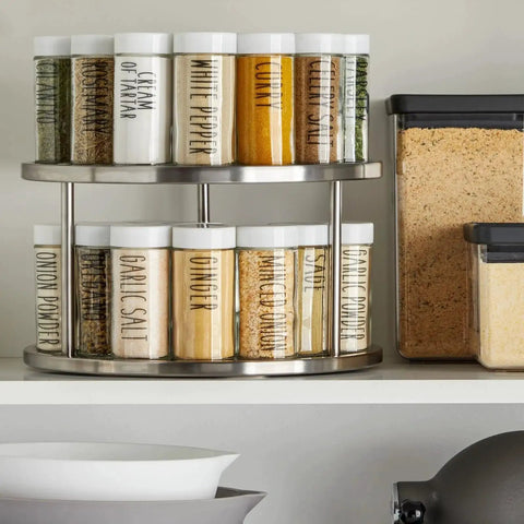 2-Tier Lazy Susan Spice Rack Organizer for Cabinet and Pantry, Stainless Steel, 10.5 Inch Diameter, filled with spice jars