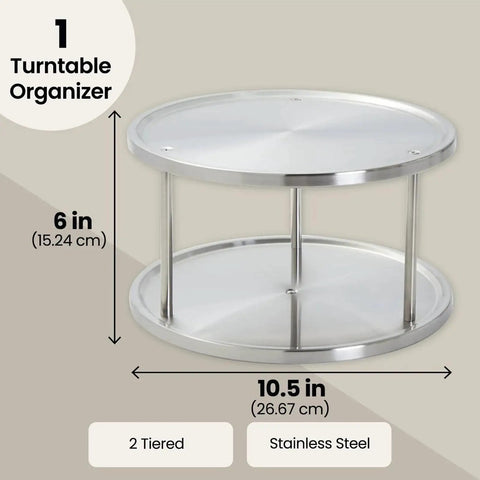 2-Tier Lazy Susan Spice Rack Organizer for Cabinet and Pantry, Stainless Steel, 10.5 Inch Diameter, showing dimensions and design features.