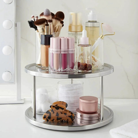 2-Tier Lazy Susan Spice Rack Organizer for Cabinet and Pantry, Stainless Steel, 10.5 Inch, loaded with makeup and skincare items