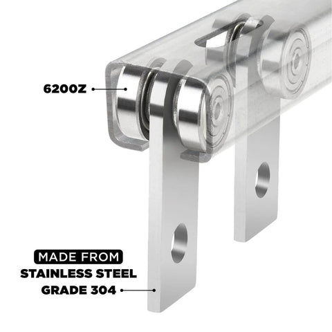 304 Stainless Steel 2 Wheel Trolley Assembly Rollers with Dual Bearings for 1-5/8 Inch Strut Channel, close-up view