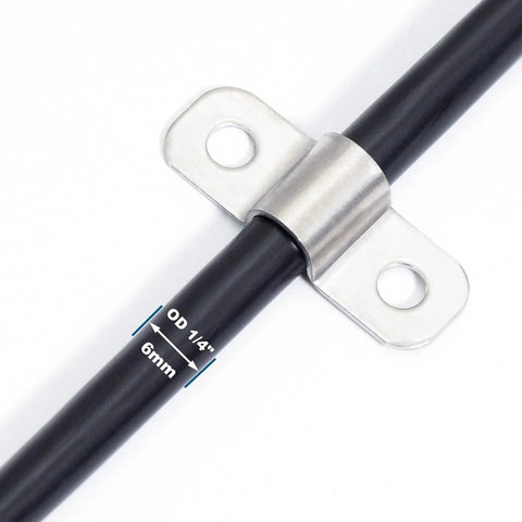 Conduit clamp, stainless steel, 1/4 inch (6 mm), two-hole U bracket installed on a black cylindrical pipe