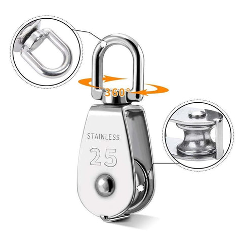 Close-up of stainless steel 25MM Pulley System, showing M25 Pulley Block with 360-degree rotation, part of 2 Pcs set.