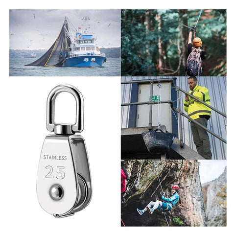 304 Stainless Steel Pully Single Wheel Swivel Pulley Block Lifting Rope 25mm Set shown with various usage scenarios
