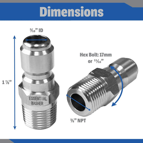 Essential Washer stainless steel 3/8 inch NPT male plug pressure washer fittings, set of 2, 5000 PSI.