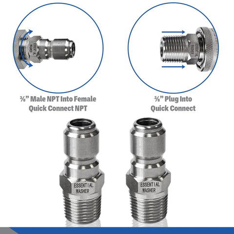 Two stainless steel 3/8 in NPT male plugs for pressure washer quick-connect fittings, Amazon Essential Washer, set of 2