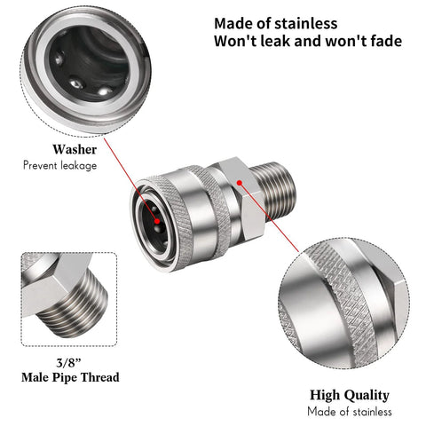 Stainless steel pressure washer quick-connect coupler with external threads and knurled grip; 3/8 in male pipe thread
