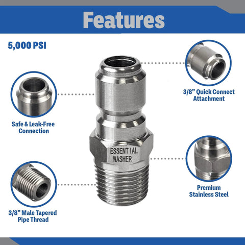 Essential Washer 3/8 in stainless steel male NPT plug for pressure washers, quick-connect compatible, set of 2