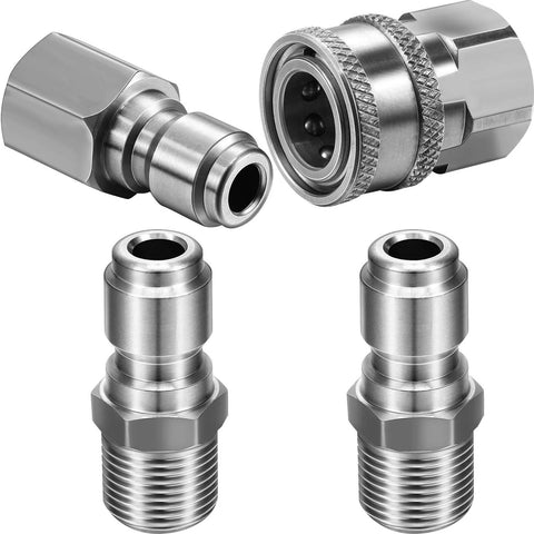 Stainless steel 3/8 in NPT quick connector kit with male and female adapters and two nipples.