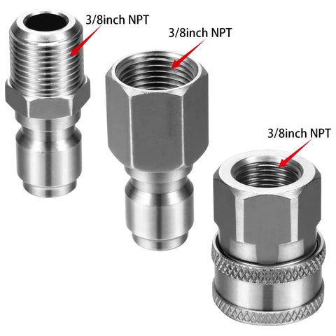 3/8 inch NPT stainless steel quick-connect adapter kit for pressure washers; includes male and female connectors and two nipples