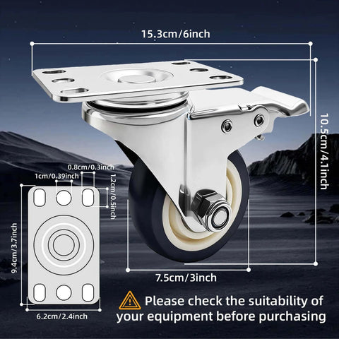 Stainless steel 3 inch heavy duty caster wheels with rust proof 304 swivel design, casters with brakes in a 4 pack close-up view.