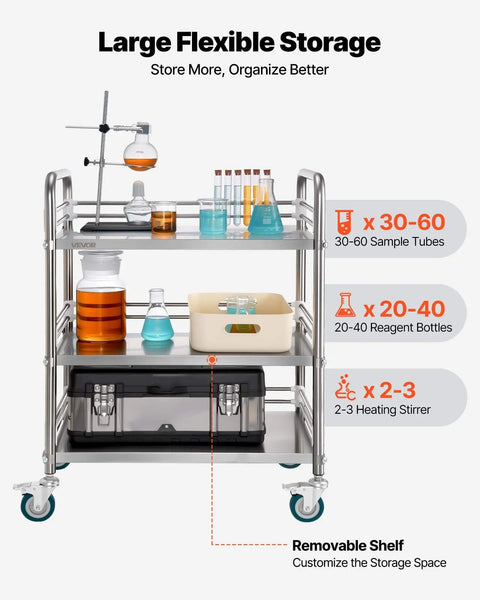 Sturdy Stainless Steel 3-Tier Rolling Cart With Lockable Wheels For Hospital Lab Clinic Kitchen Restaurant Salon Easy To Clean Medical Serving Trolley By VEVOR, loaded with lab equipment