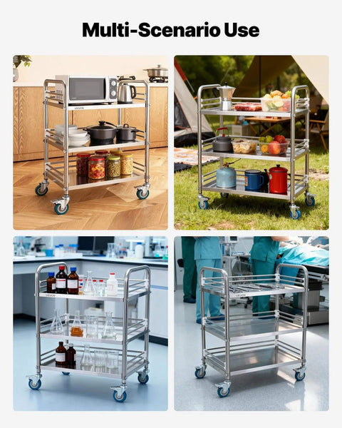 Sturdy Stainless Steel 3-Tier Rolling Cart With Lockable Wheels For Hospital Lab Clinic Kitchen Restaurant Salon Easy To Clean Medical Serving Trolley By VEVOR