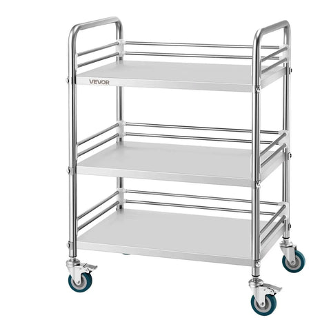 Sturdy Stainless Steel 3-Tier Rolling Cart With Lockable Wheels For Hospital Lab Clinic Kitchen Restaurant Salon Easy To Clean Medical Serving Trolley By VEVOR