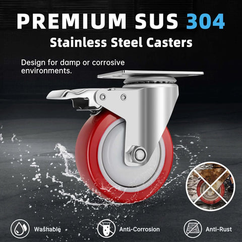 Stainless steel 4 inch heavy duty caster wheels with brakes, 304 rust proof swivel casters for industrial use close-up.