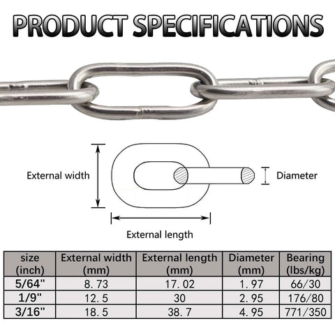 Product specifications for Stainless Steel 304 Chain, 3m length, 5mm thickness, showing dimensions and diagram for various sizes.