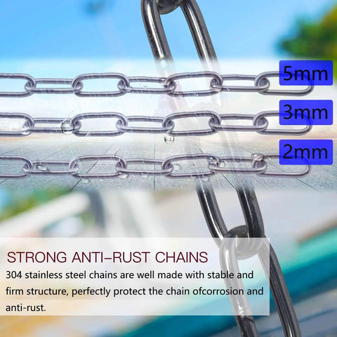 Close-up of 304 stainless steel chain showing 5mm thickness, labeled for corrosion and anti-rust, used for anchor or pet chains.