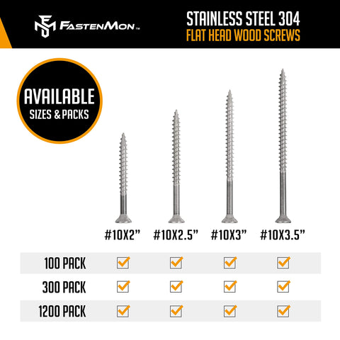 #10x2 Stainless Steel Deck Screws, 304 Grade flat head wood screws, available in 100, 300, 1200 pack sizes