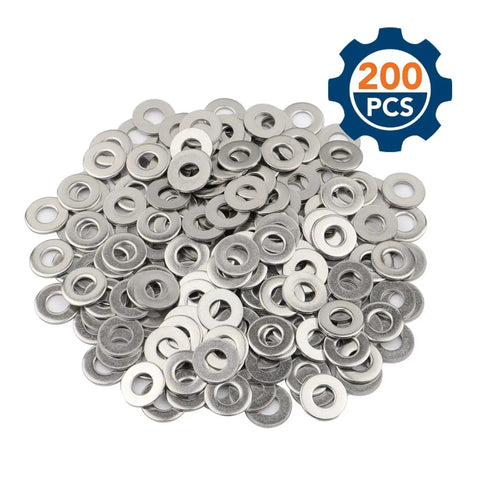 Flat Washers 1/4 Inch Inner 5/8 Inch Outer Stainless Steel 304 SAE Pack 200, pile of 200 metal washers with gear icon