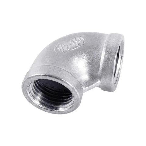 Close-up of JoyTube Stainless Steel 304 Cast Pipe Fitting One Half Inch To One Half Inch Female To Female NPT Threaded 90 Degree Elbow