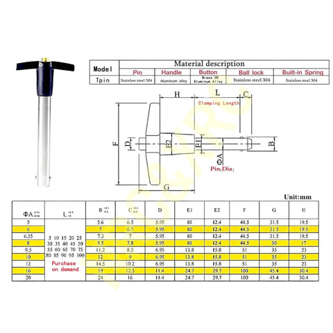Technical diagram of Stainless Steel 304 Push-Button Quick Release Pin T Handle Lock Pins, Pin Dia 3/8IN, Usage Length 65MM with specifications.