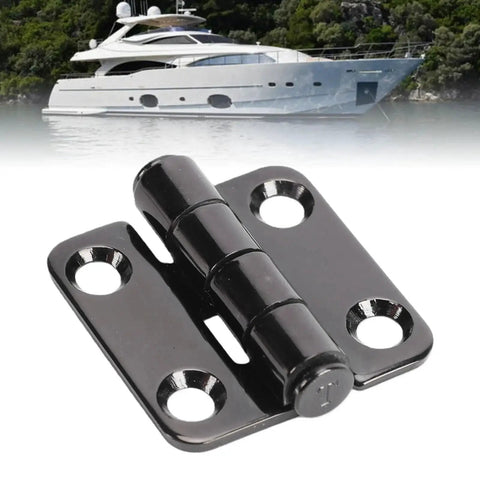 Close-up of AKLOSIPY stainless steel butt hinge, 316 marine-grade, 38mm x 38mm, black finish.