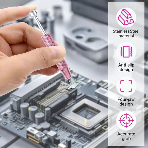 Using 4 Claw Stainless Steel Piercing Ball Grabber Tool on electronic components with anti-slip and four-jaw design features visible.