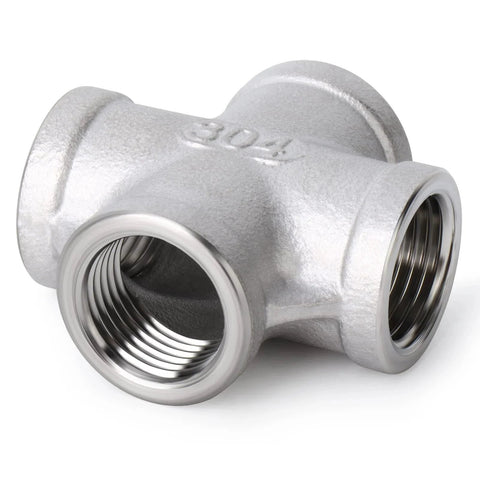 Front view of Two Pack Stainless Steel Four Way Pipe Fittings NPT Female Cross For One Half Inch Pipe Connections, 304 SS