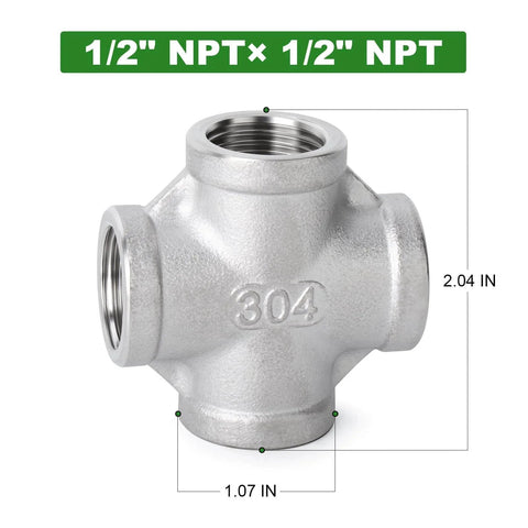 Two Pack Stainless Steel Four Way Pipe Fittings NPT Female Cross For One Half Inch Pipe Connections 304 Stainless Steel Front View