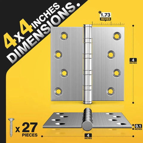 Ball Bearing Door Hinges 4x4 Inches Square Corner Stainless Steel Brushed Nickel Heavy Duty Non Removable Pin For Smooth Quiet Opening
