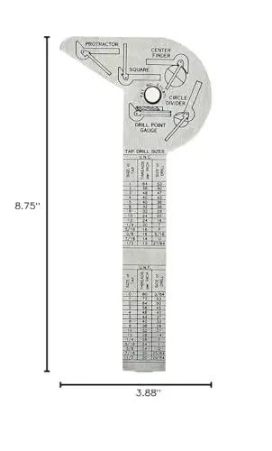 Compact stainless steel 6 in 1 pocket ruler and gauge combines drill point gauge, bevel protractor, center finder, circle divider, and tap and drill table with etched 64ths and millimeters
