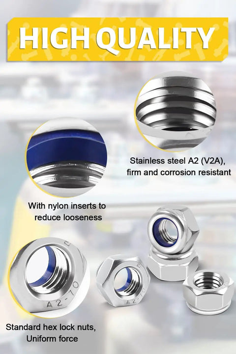 Image showing M12 Nylon Insert Hex Lock Nuts Set Of 10 DIN 985 Stainless Steel A2 Self Locking Nuts with nylon inserts and corrosion resistance.